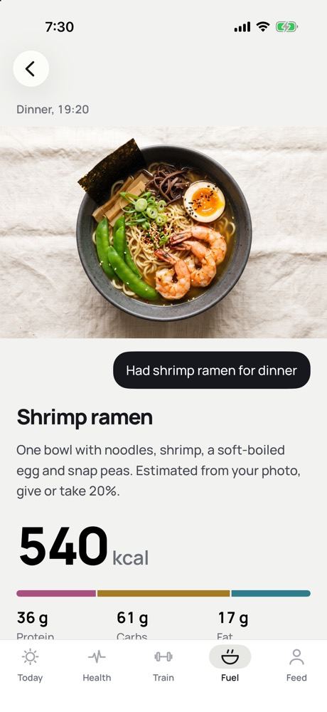 A photo of shrimp ramen estimated at 540 kcal with protein, carbs and fat