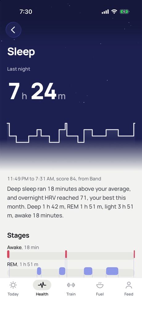 Sleep: 7 hours 24 minutes with stages