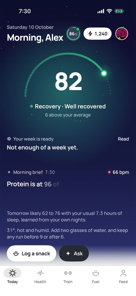 Tempo's Today screen: recovery 82, well recovered, with the morning brief