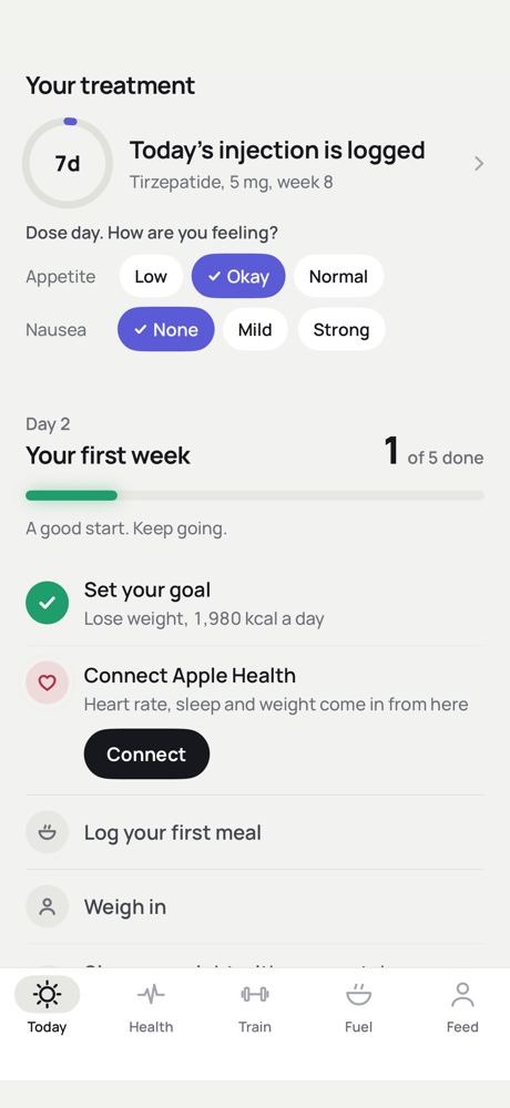 Your treatment: today's injection logged, next in 7 days, with an appetite and nausea check-in
